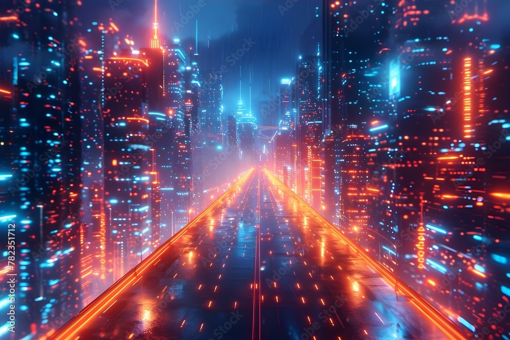 Obraz premium AI-Driven Neon Metropolis: The Pulse of Smart Cities. Concept Technology, Artificial Intelligence, Smart Cities, Urban Planning, Neon Lights