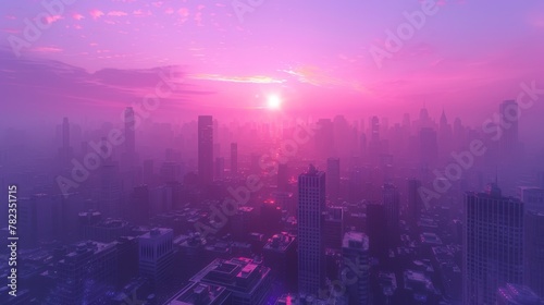 sunset on the city with vaporwave tone color, suitable for wallpaper, posters. Generative AI