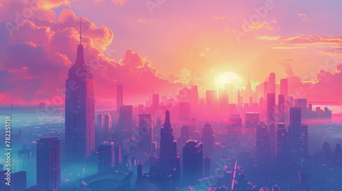 sunset on the city with vaporwave tone color, suitable for wallpaper, posters. Generative AI