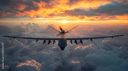 A military drone traverses the cumulus clouds at sunset in the sky