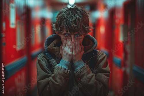 a young man is covering his face with his hands in a hallway