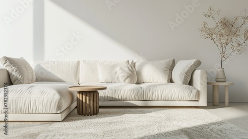 a minimalistic white sofa with a side table and light-colored carpet in a naturally lit room photo