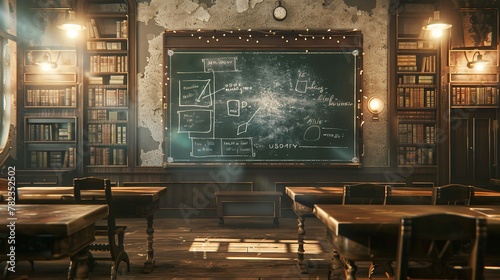 victorian classroom in sepia tone, facing a chalkboard