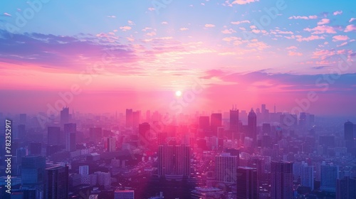 sunset on the city with vaporwave tone color  suitable for wallpaper  posters. Generative AI