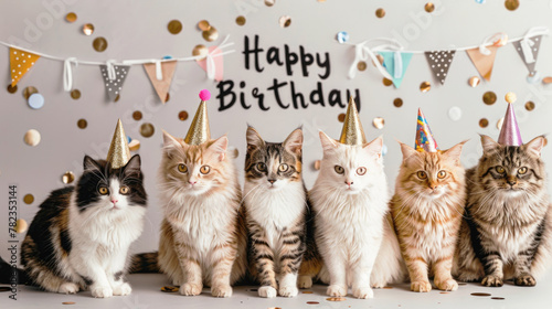 Several adorable cats participating in a birthday party, each wearing a birthday hat. Card with the inscription "Happy Birthday". © Katerina Bond