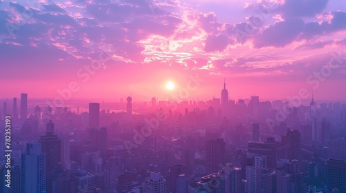 sunset on the city with vaporwave tone color, suitable for wallpaper, posters. Generative AI