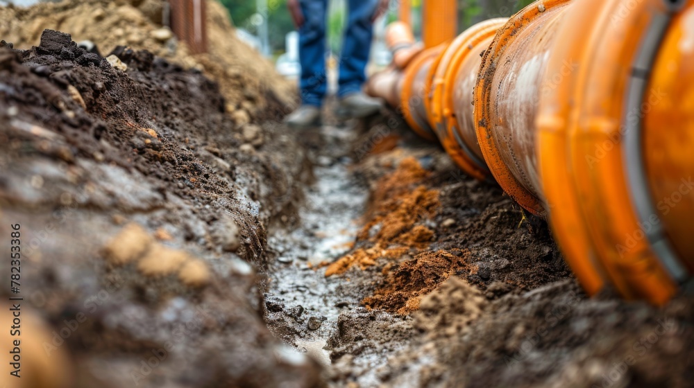 Obraz premium Worker Installing Underground Pipes