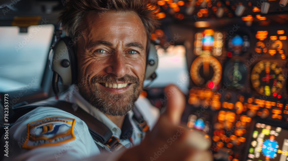 Ready to flight. Rear view of confident male pilot showing his thumb up and smiling while sitting in cockpit. Ready to flight. Rear view of confident male pilot showing his thumb up and smiling while sitting in cockpit.