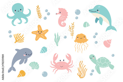 Set with hand drawn sea life elements. Sea creatures. Vector doodle isolated on white background. Cartoon set of sea life objects for your design. © KotBaton