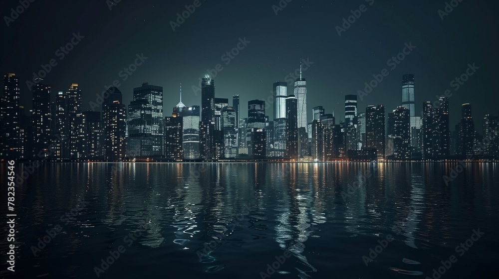 Fototapeta premium Behold a vision of urban elegance, where skyscrapers soar into the sky and city lights twinkle like stars in the night. Against a backdrop of darkness, the cityscape glows with a soft, golden hue, cas