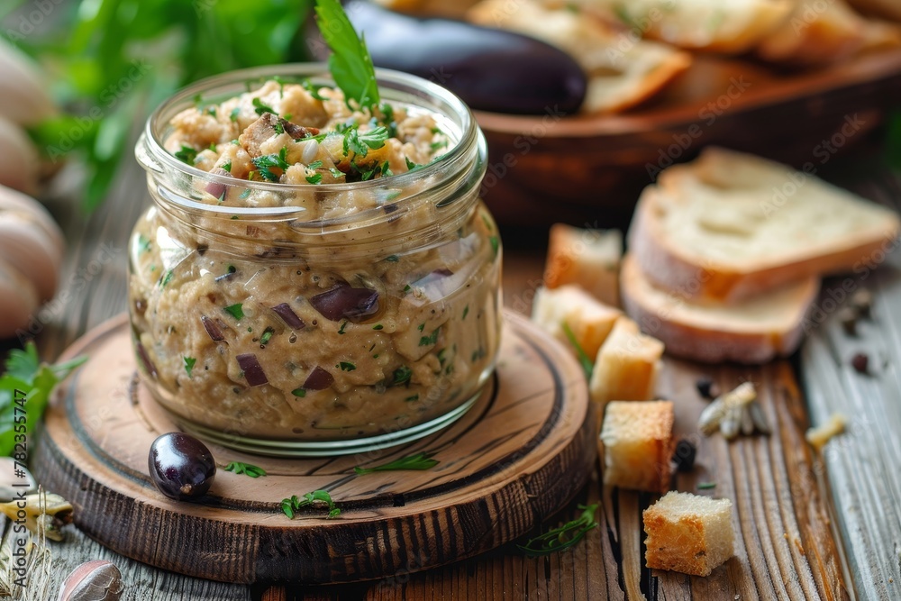 Eggplant dip in jar with toast on wood background Eggplant dip in jar with toast on wood background