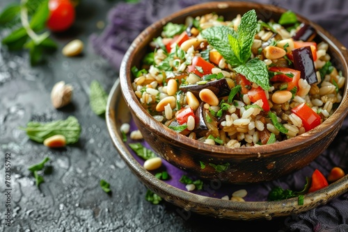 Eggplant salad with pine nuts mint and barley Focus on toning