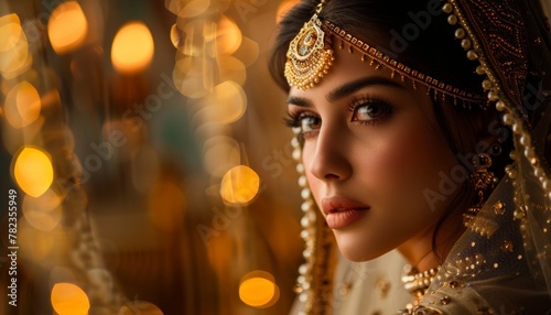 Exquisite enchanting Indian bride under ambient light indoors
