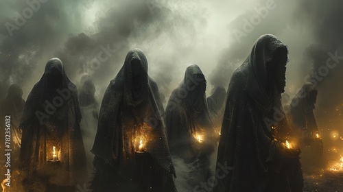 Veiled in secrecy, cult worshippers gather beneath the cloak of night, their allegiance to anci photo