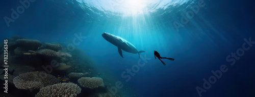 A solitary whale swims in the deep ocean. A diver encounters a majestic animal in the water depths, sunlight filtering above. Underwater world is serene, showcasing the vastness of the marine habitat photo