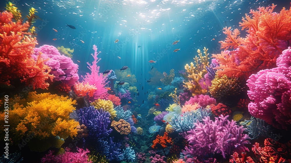 In the depths, coral reefs create a mesmerizing tapestry of shapes and colors, a testament to t