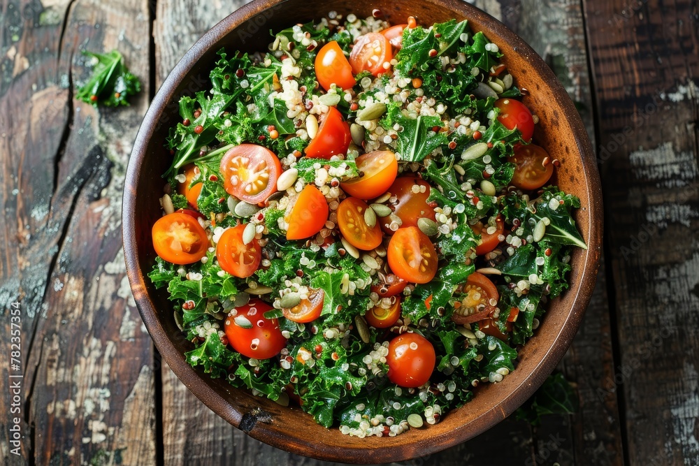 Quinoa salad with kale tomatoes and pumpkin seeds on dark wood background top view