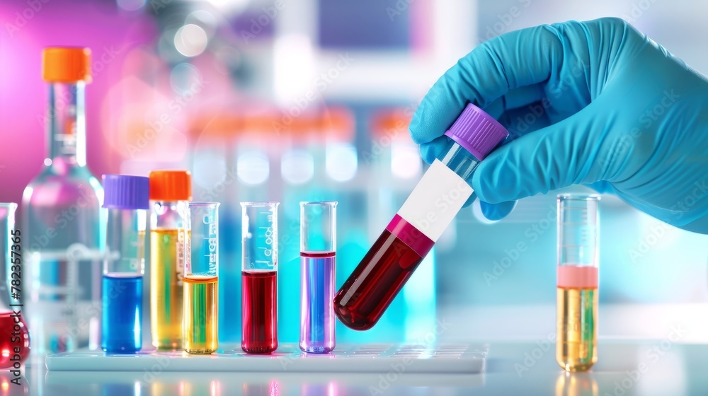 Gloved hand placing test tube in lab rack Gloved hand placing test tube in lab rack