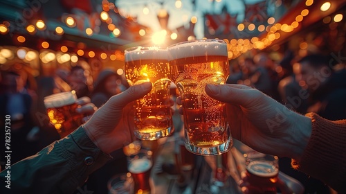 Fans raise their beer glasses high, toasting to the sports team's victory with a shared sense