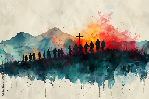 Abstract Watercolor of Judean Ministry at Sunset. Concept Watercolor Painting, Biblical Scene, Judean Ministry, Sunset Colors, Abstract Art photo