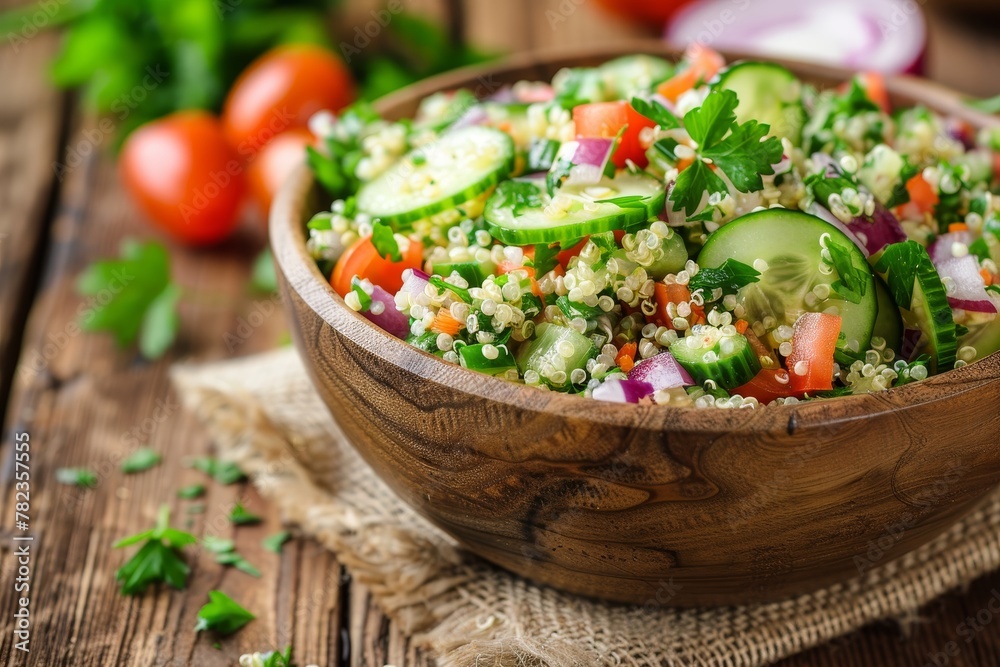 Quinoa tabbouleh salad with veggies on wood background