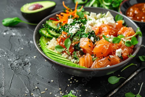 Quinoa salmon poke bowl with avocado feta cheese and kimchi sauce on dark background delivered to home