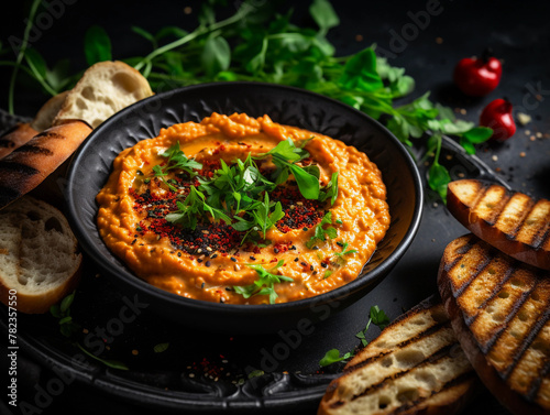 Beautiful homemade red hummus in a black bowl and dark background with toppings of grilled bread. 