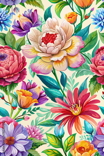 A vibrant display of various flowers and leaves creates a colorful and dense floral pattern