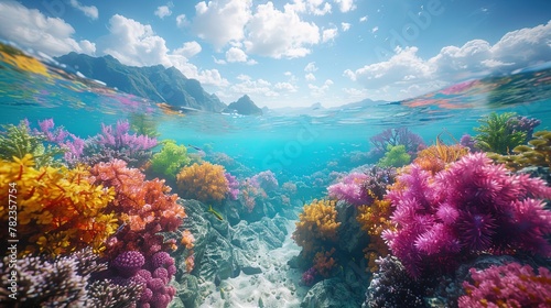 An underwater paradise unfolds as coral reefs sway gently in the ocean currents, home to a diver