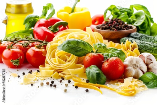 Raw pasta and healthy food on white background