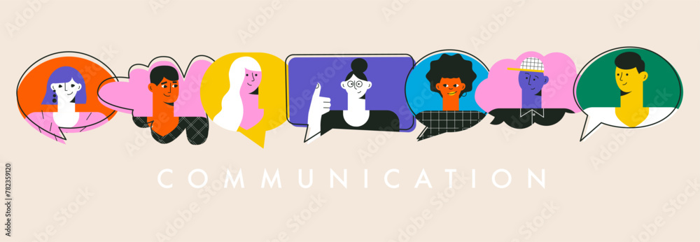 Fototapeta premium Diversity man and woman talking together. Different people with speech bubbles. Expressing opinion, communication concept. Teamwork, connection. Colorful flat vector illustration