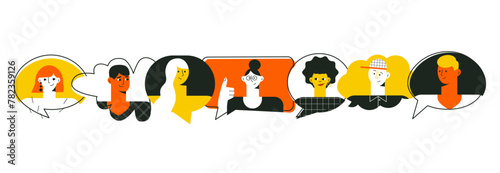 Communication concept. Teamwork and connection. Man and woman talking together. Group of people. Discuss social network, news, chat, dialogue. Interactive speech bubbles. Colorful vector illustration