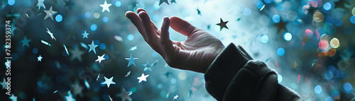 Dynamic image of a hand reaching for a star, amidst other stars, signifying approval, rating, and achievement photo