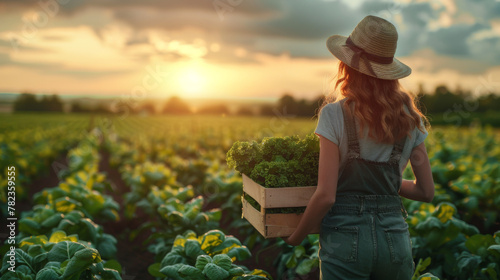 Rear view: A female farmer with a box of fresh vegetables walks along her field. Healthy Eating and Fresh Vegetables.