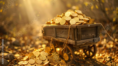 A wooden wagon overflowing with golden coins, journeying down a path of wealth accumulation and savvy savings