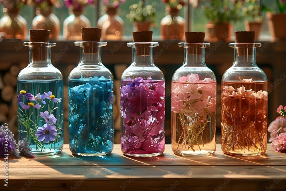 Vibrant Elixirs: Bottled Botanicals in Sunlight. Concept Botanical Photography, Sunlight, Vibrant Colors, Bottled Elixirs, Nature-inspired Art
