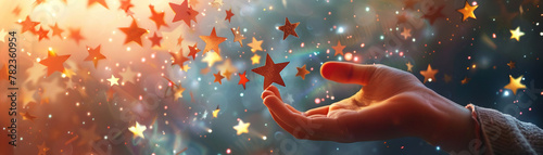 Dynamic image of a hand reaching for a star, amidst other stars, signifying approval, rating, and achievement photo
