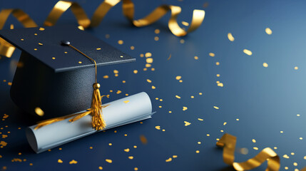 Graduation cap with gold tassels and diploma, on an elegant dark navy blue background with gold confetti. Celebratory graduation invitation with space for text
