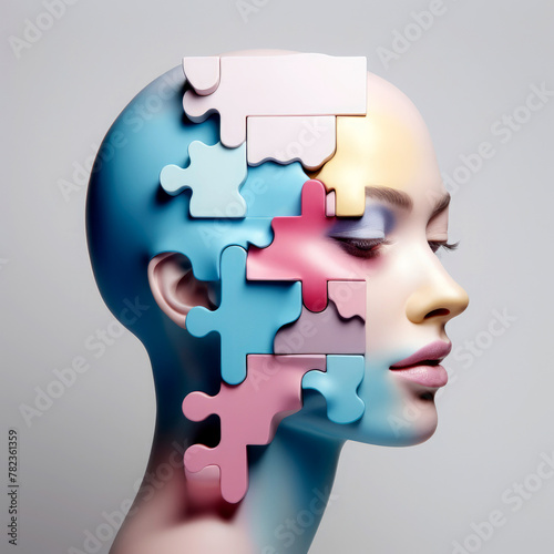 Creative composition with a profile woman's face composed of several puzzle pieces in pastel soothing tones. Concept of feelings. Complex personality, crisis