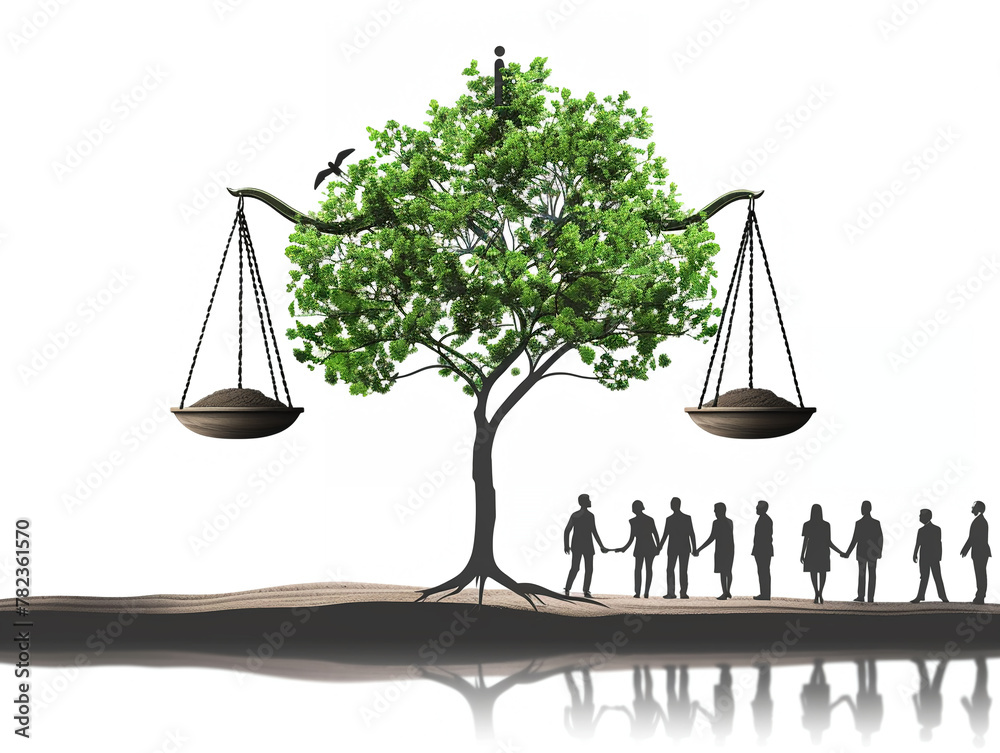 Balanced scales with team members on one side and a growing tree on the ...