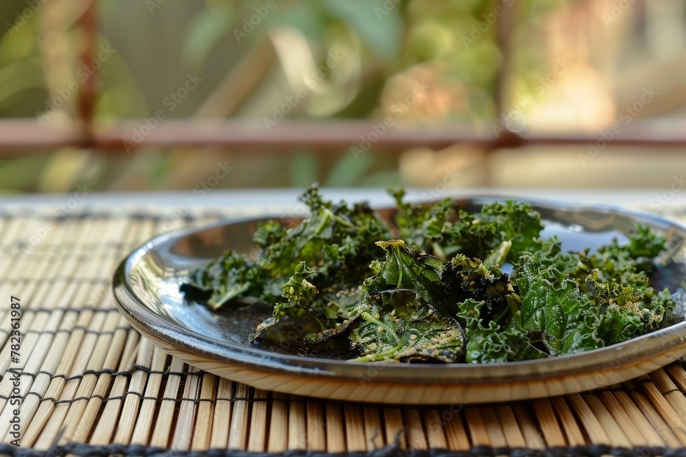 Roasted kale chips on bamboo plate Roasted kale chips on bamboo plate