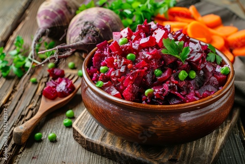 Russian beet salad with vegetables and parsley on wooden table