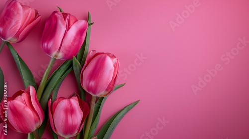 Pink tulip flower arrangement with pink background and copy space #782362385