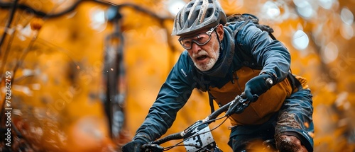 Senior Cyclist Powers Through Autumn Race. Concept Sports, Cycling, Autumn Race, Senior Athlete photo