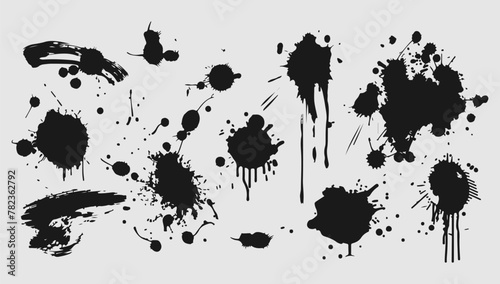 Various black vector platters set illustration. Spray liquid art shape and splash dirty ink. Isolated collection element decoration and drawing flow splat. Creative graphic design