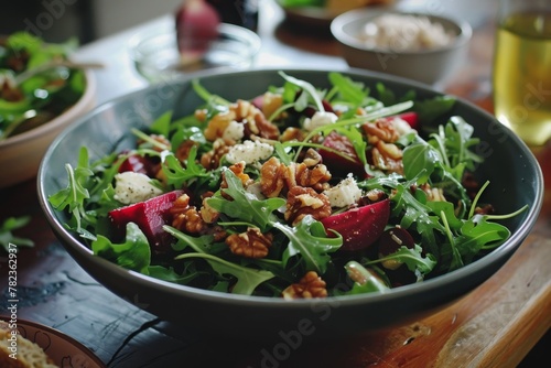 Salad with goat cheese nuts beets and arugula
