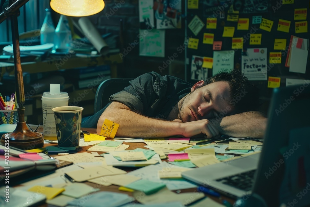 Fototapeta premium Exhausted Young Professional Asleep at Desk Amidst Clutter of Sticky Notes and Unfinished Coffee Cup, Reflecting Organizational Chaos in the Workplace.