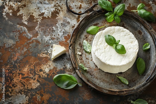 Soft French goat cheese on rustic metal plate