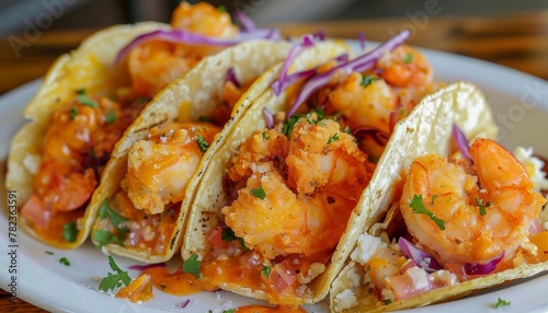 Soft taco shell with spiced shrimp filling