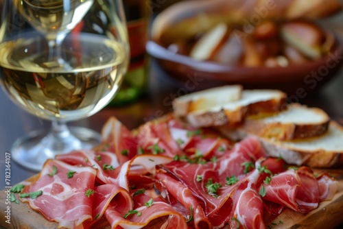 Serrano ham appetizer with toasted bread and wine